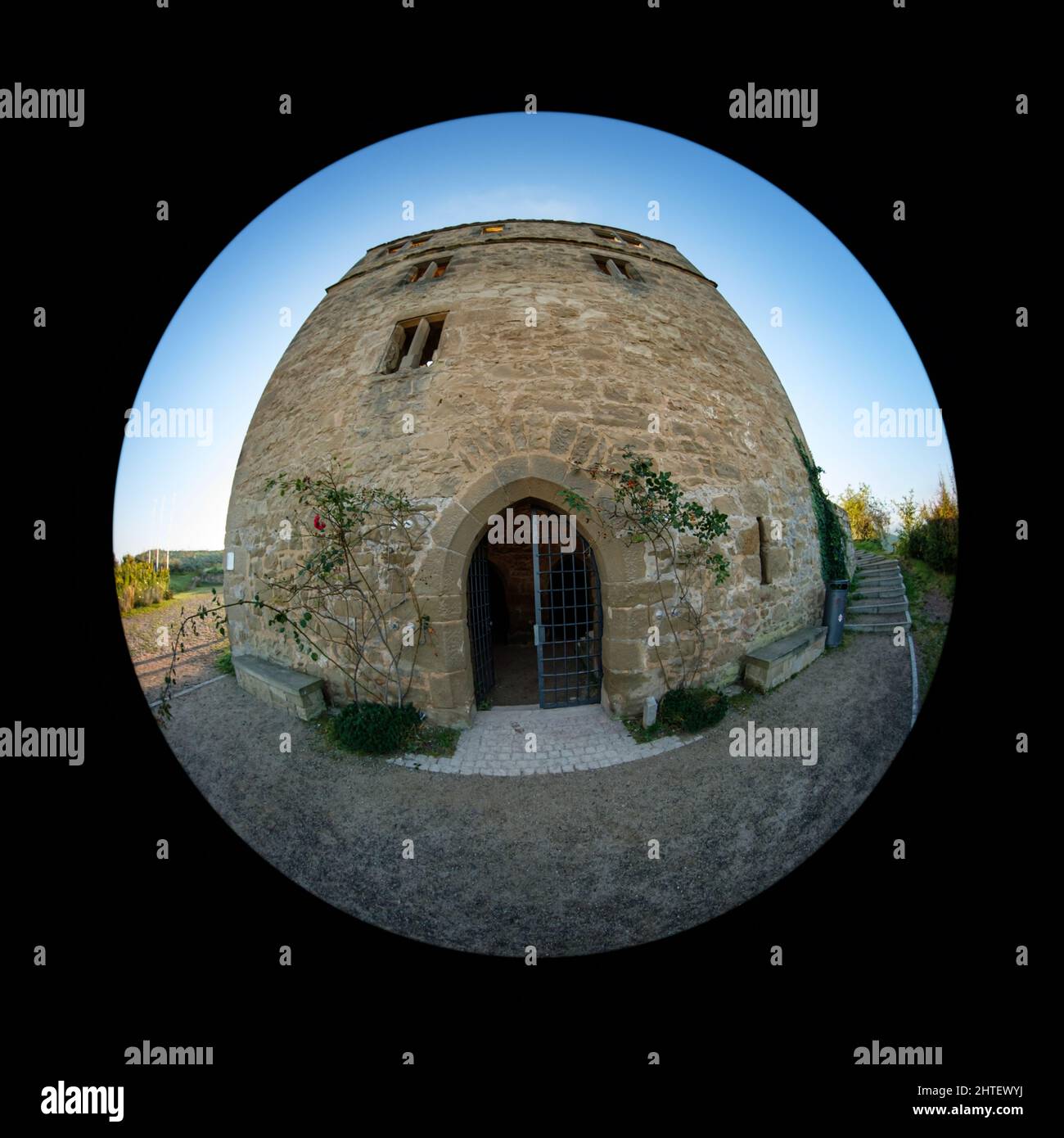 Fish eye lens distortion of the entrance of historic german Yburg