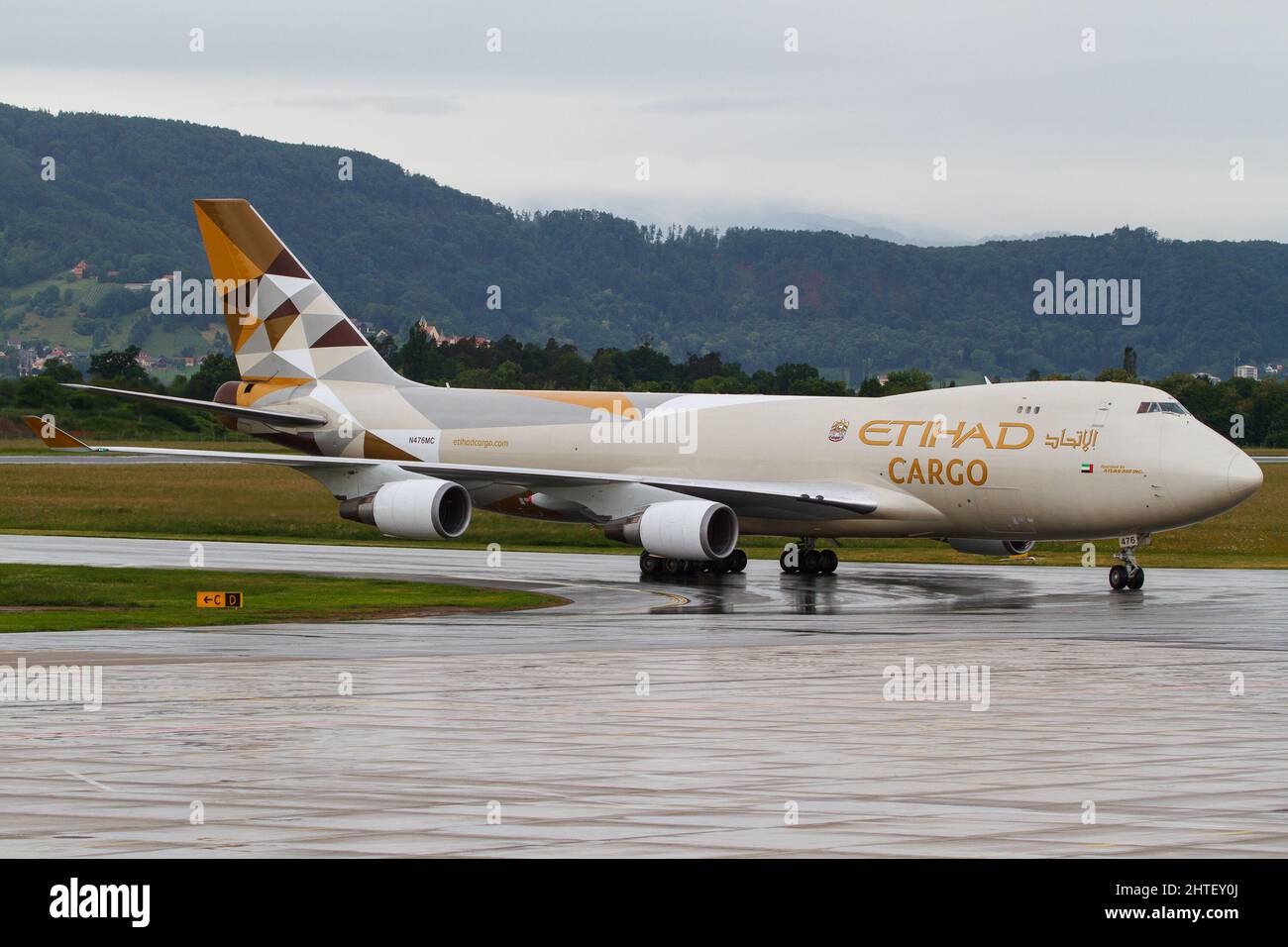 Etihad Cargo Boeing 747 cargo airplane on the apron Stock Photo
