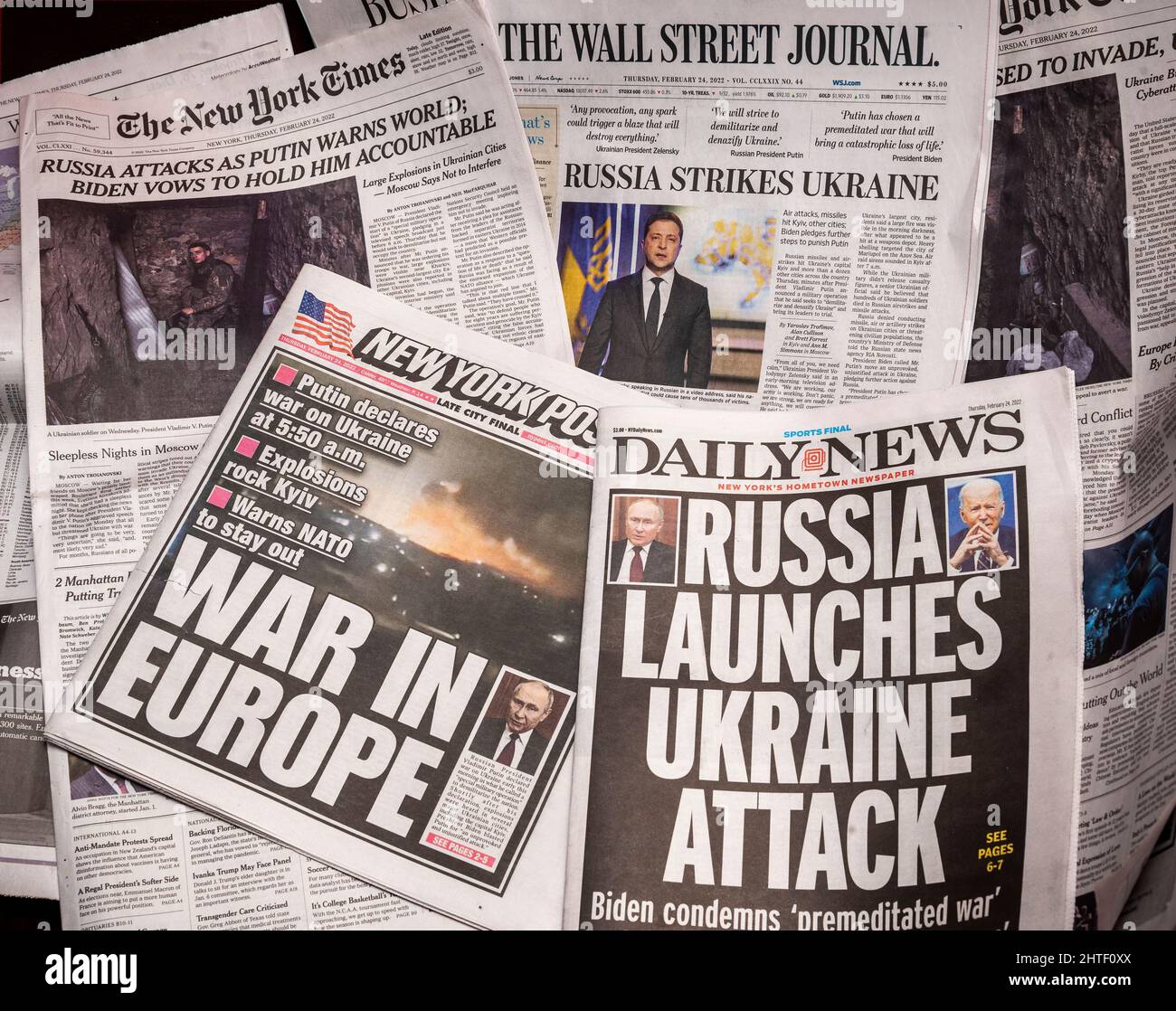 New York newspapers on Thursday, February 24, 2022 report on the previous nights’ invasion of Ukraine by Russian military forces. (© Richard B. Levine) Stock Photo