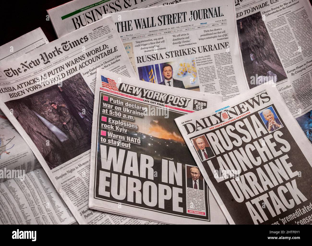 New York newspapers on Thursday, February 24, 2022 report on the previous nights’ invasion of Ukraine by Russian military forces. (© Richard B. Levine) Stock Photo