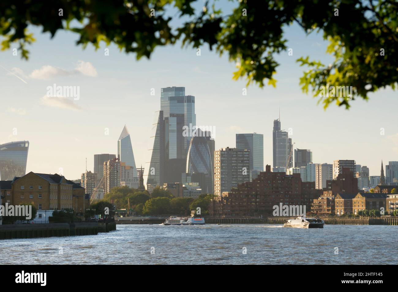 UK, England, London, City skyline from Canary Wharf Clipper station Stock Photo