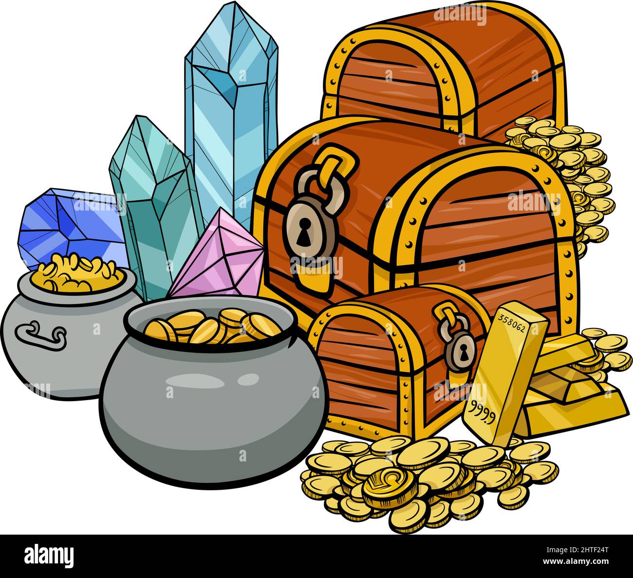 Cartoon illustration of treasure with gems and gold Stock Vector Image