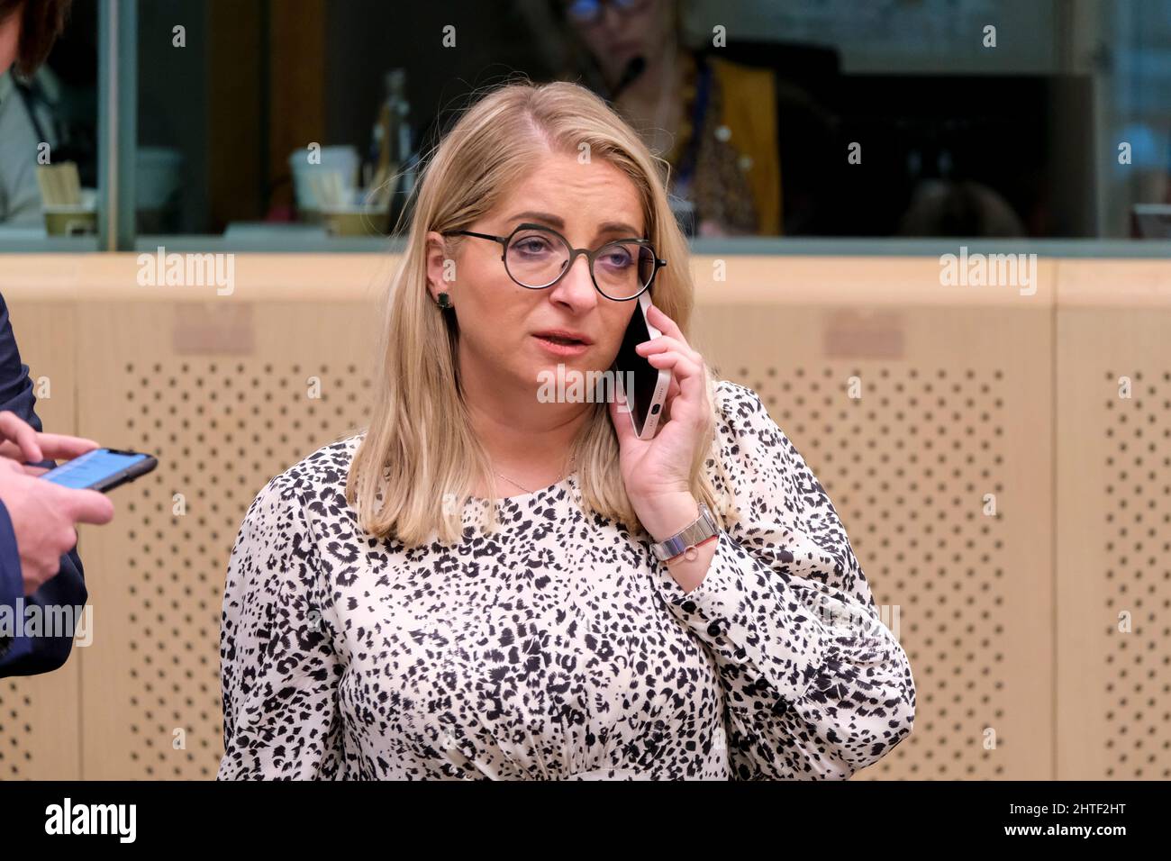 Brussels, Belgium. 28th Feb, 2022. Minister Maria Malova arrives to attends in an emergency meeting to discuss the energy situation in Europe amid Russia's invasion of Ukraine, in Brussels, Belgium February 28, 2022. Credit: ALEXANDROS MICHAILIDIS/Alamy Live News Stock Photo
