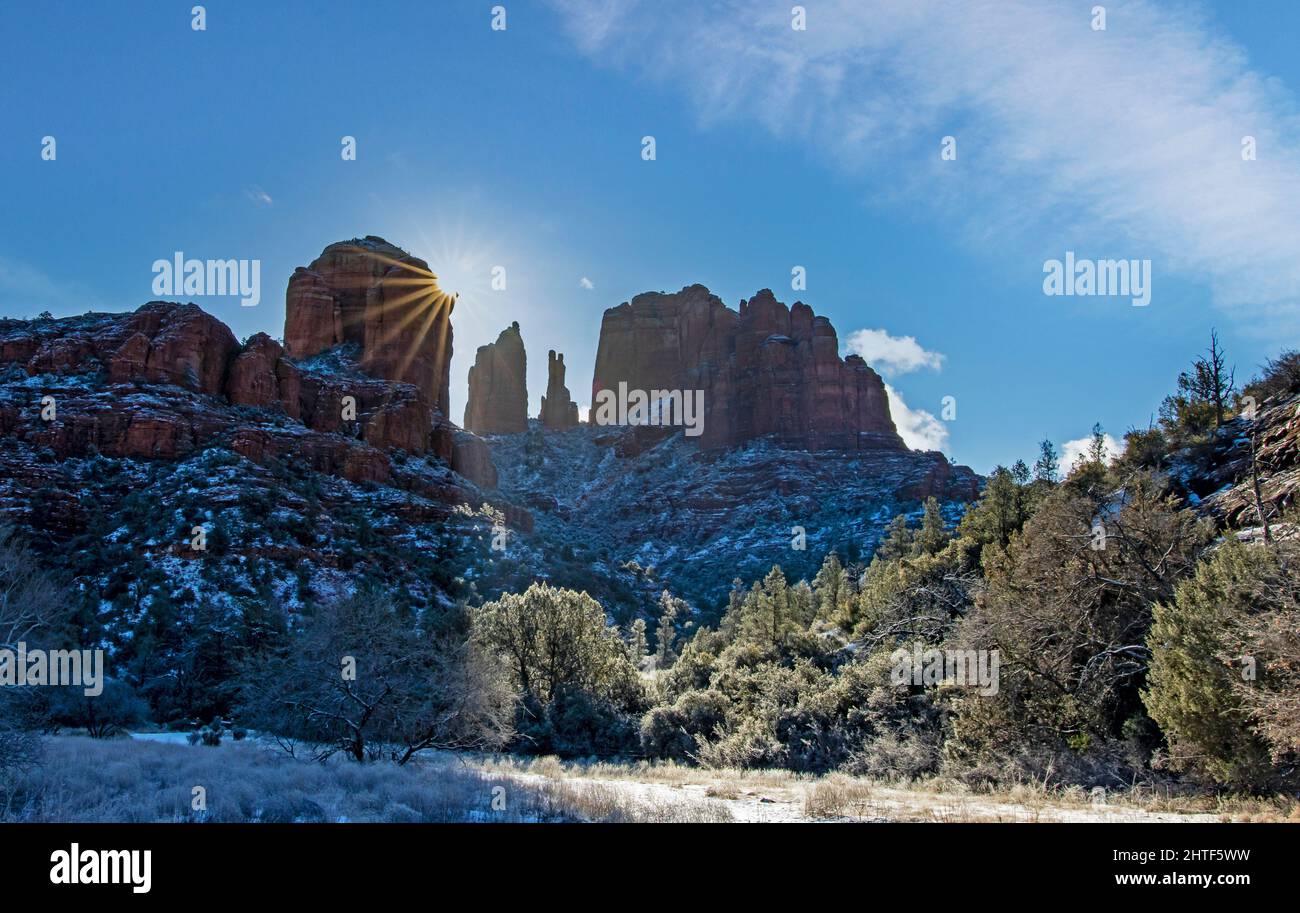 Snow Dusts The Iconic Cathedral Rock Formation In Sedona  AZ Stock Photo