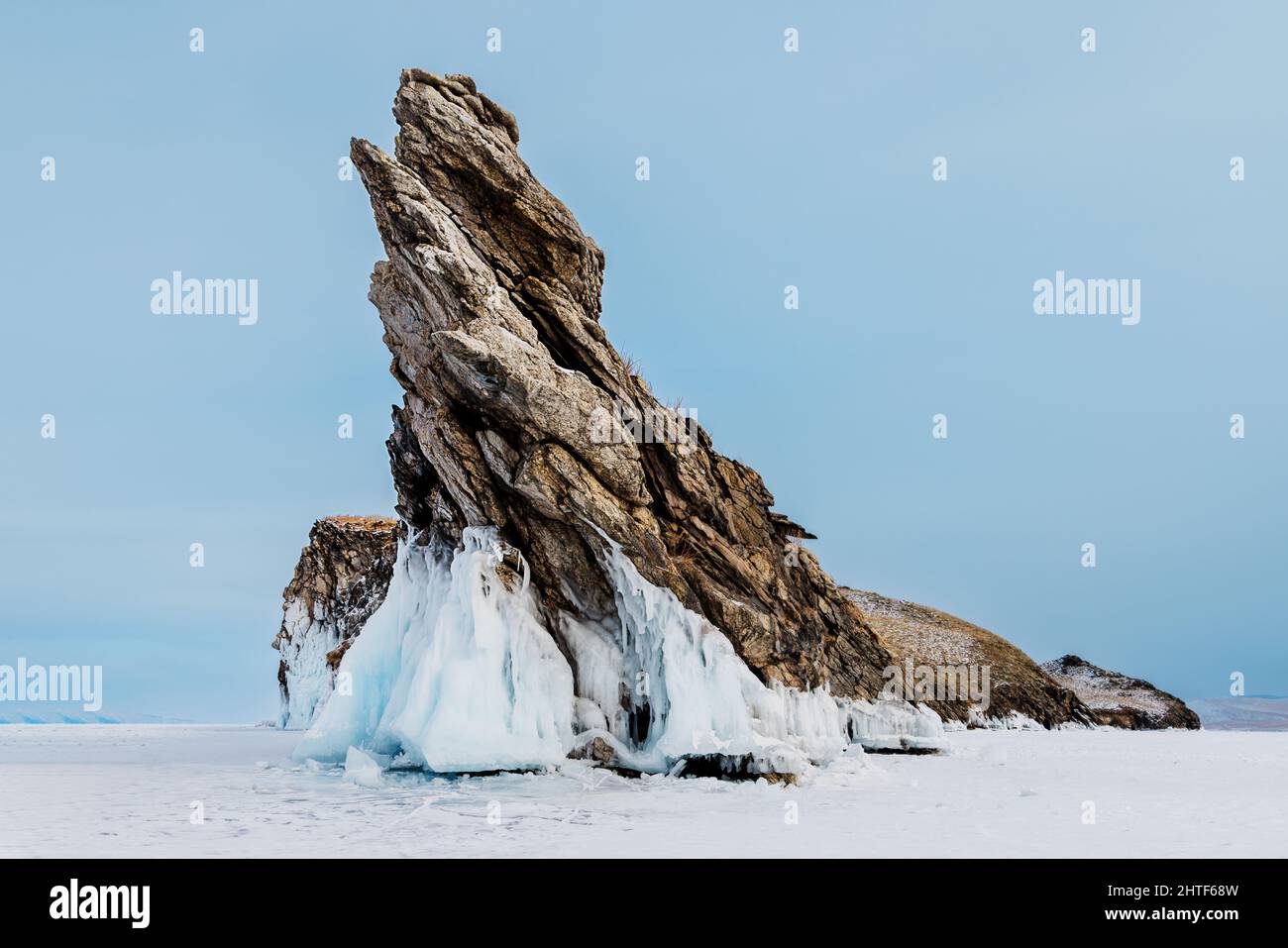 Cape Khoboy, lake Baikal covered with ice in winter, Stock Photo