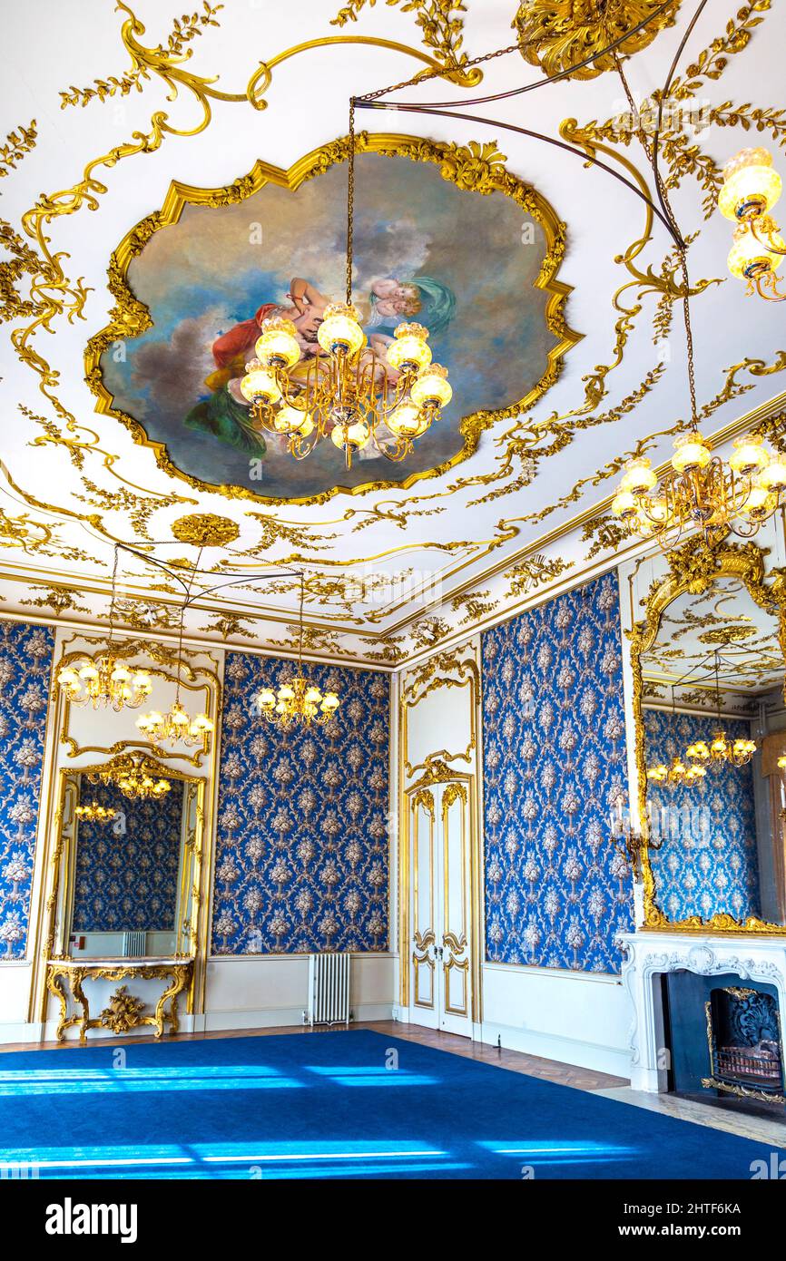 French style rococo revival blue and gold drawing room at Wrest House, Wrest Park, Bedfordshire, UK Stock Photo