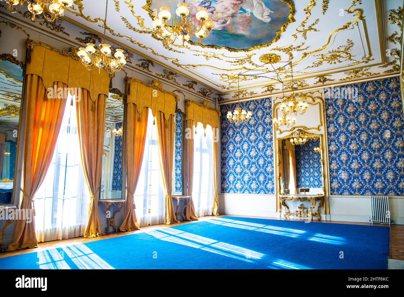 French style rococo revival blue and gold drawing room at Wrest House, Wrest Park, Bedfordshire, UK Stock Photo