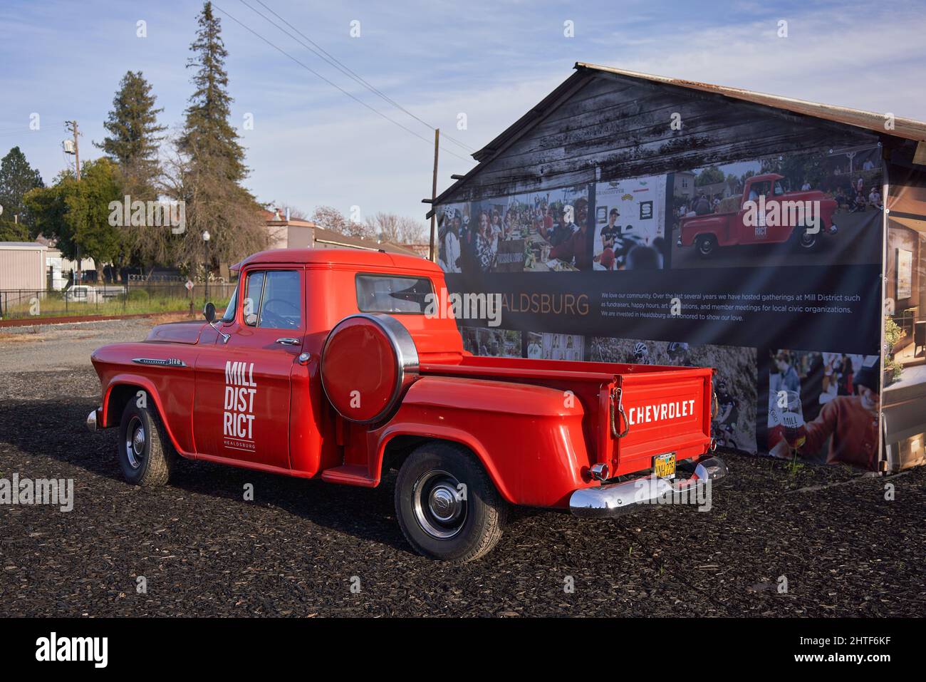 Healdsburg historic Mill District - red Chevrolet truck parked in front of building. Sonoma County, California. Stock Photo