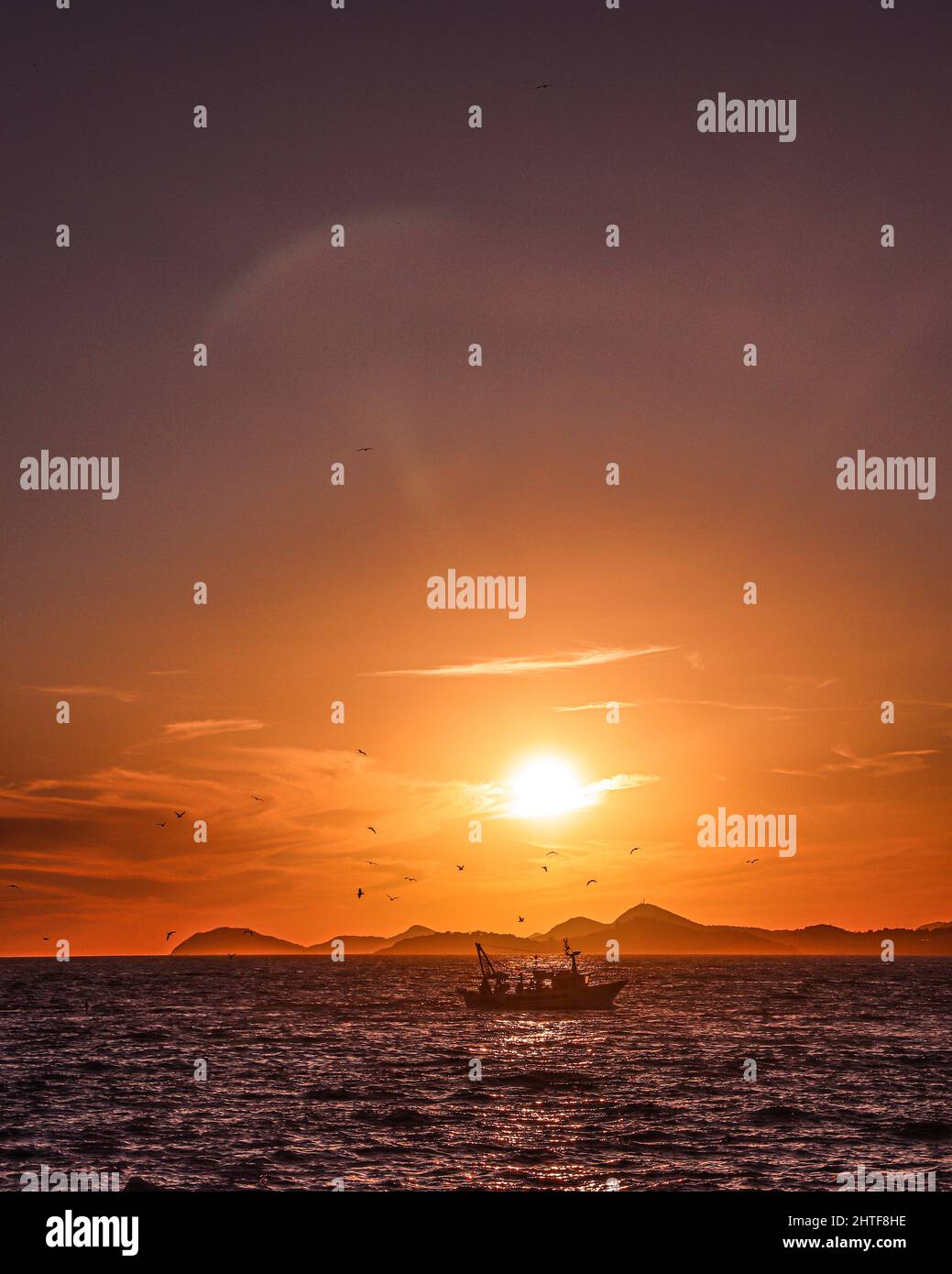 Vertical shot of a boat sailing on the sea at sunset Stock Photo - Alamy