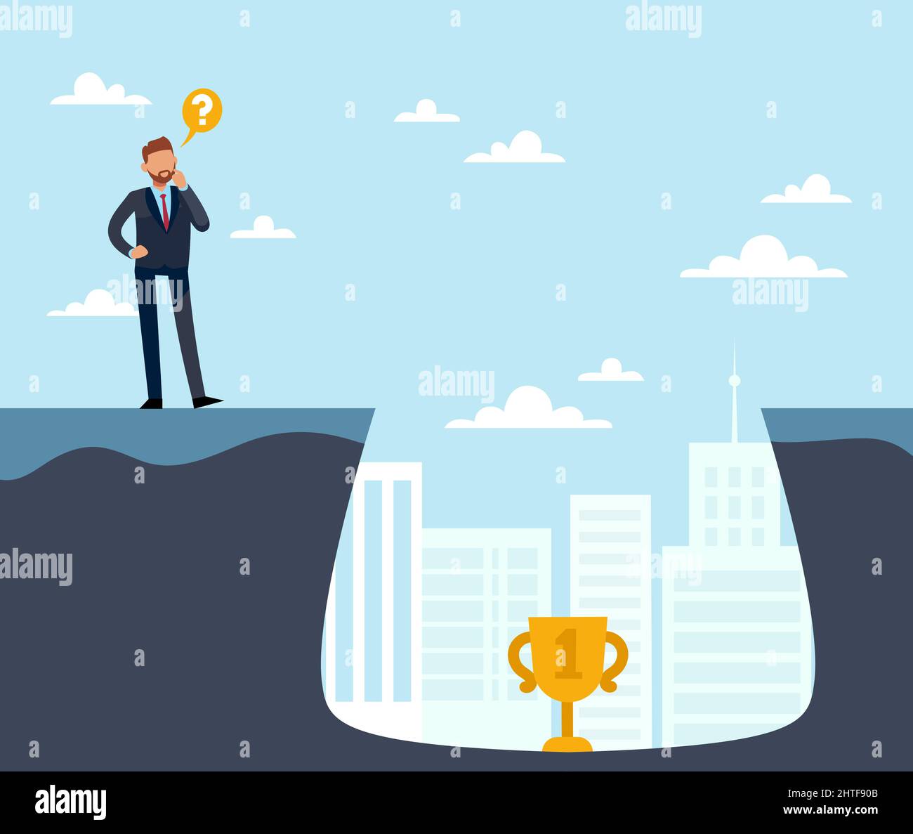 Finding solution to problem on way to goal. Confused businessman in ...