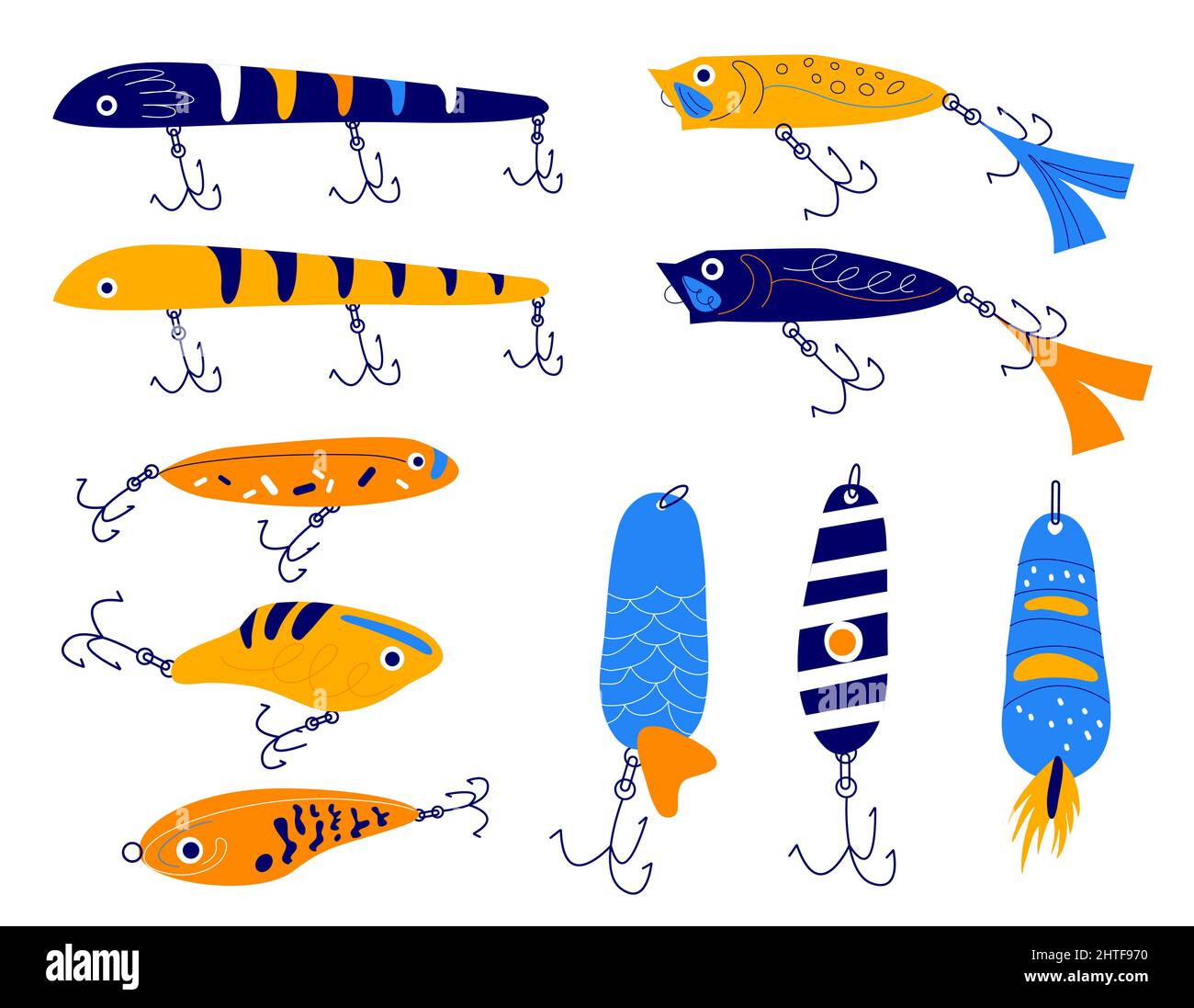 Fishing bait. Different shapes colorful lures with hooks, floating element  outdoor river or lake hobbie, cartoon angling equipment, blue and yellow  Stock Vector Image & Art - Alamy