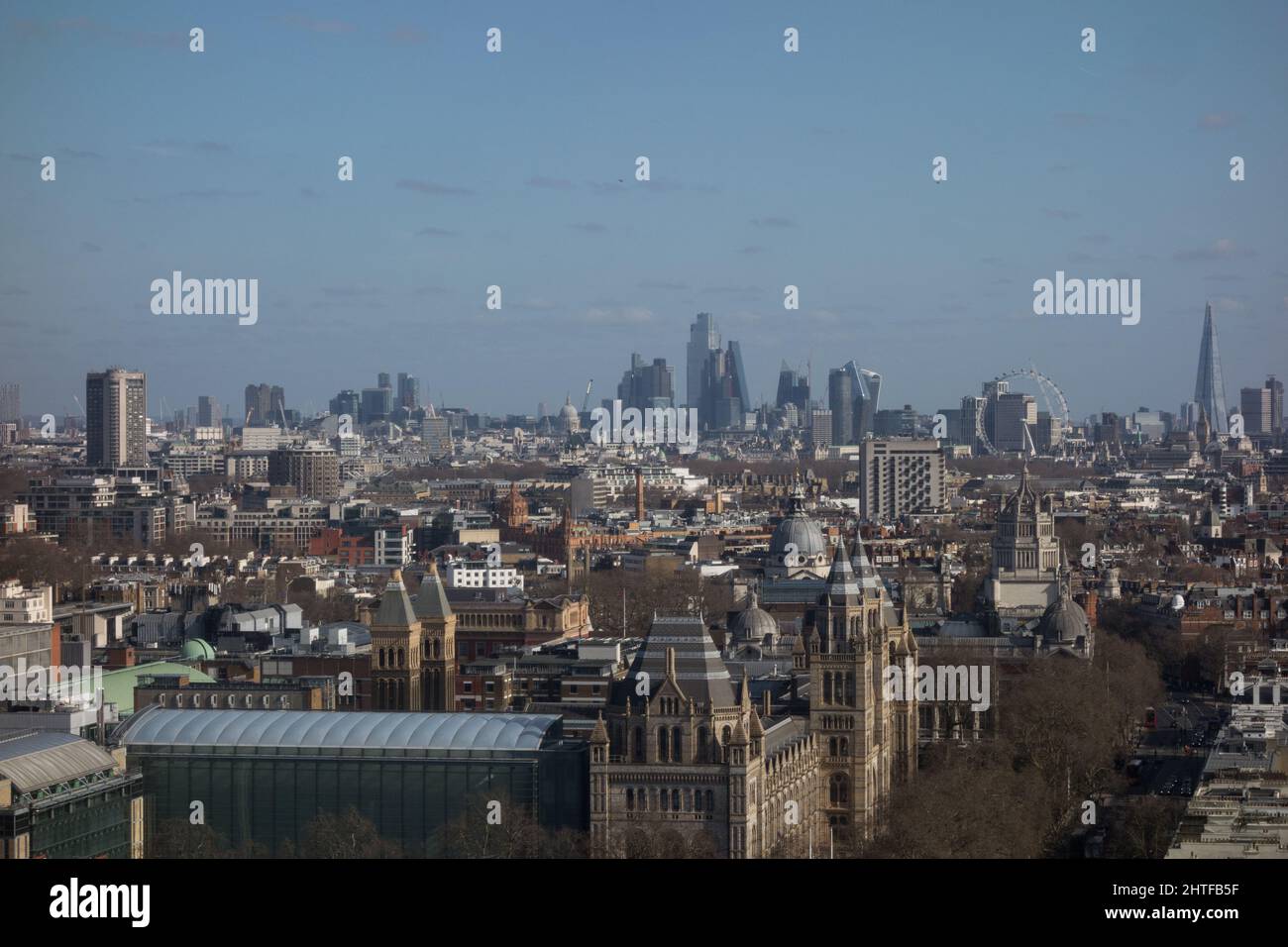 The London skyline and property surrounding Cromwell Road and the Natural History Museum in west London. Stock Photo