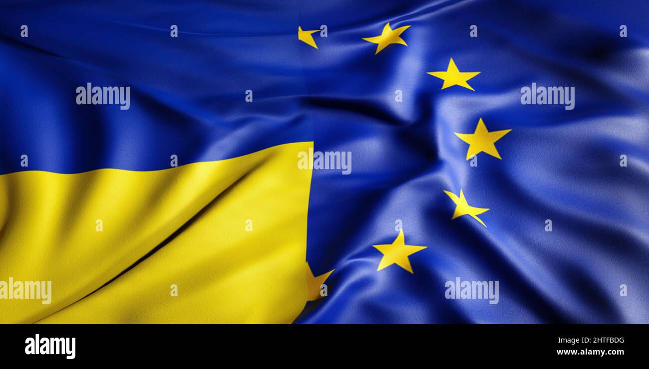 War and peace concept. Ukrainian and European flag. EU solidarity with ...
