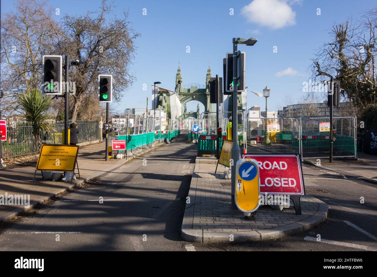 A still closed Hammersmith Bridge and road closure signage in southwest