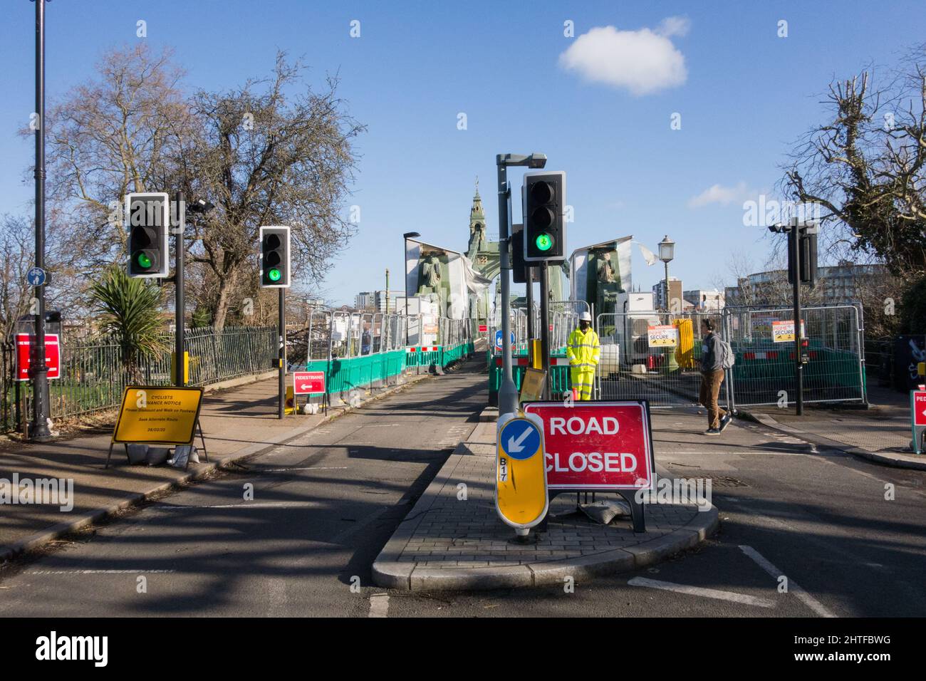 A still closed Hammersmith Bridge and road closure signage in southwest