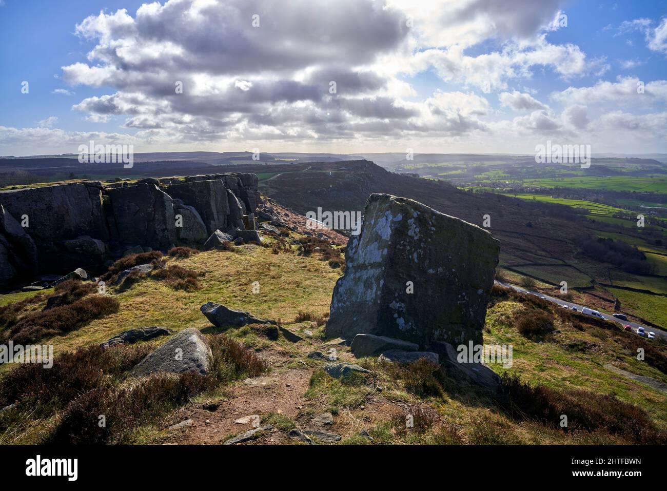 Rocky formations and Views from Curbar Edge in the Peak District Stock Photo