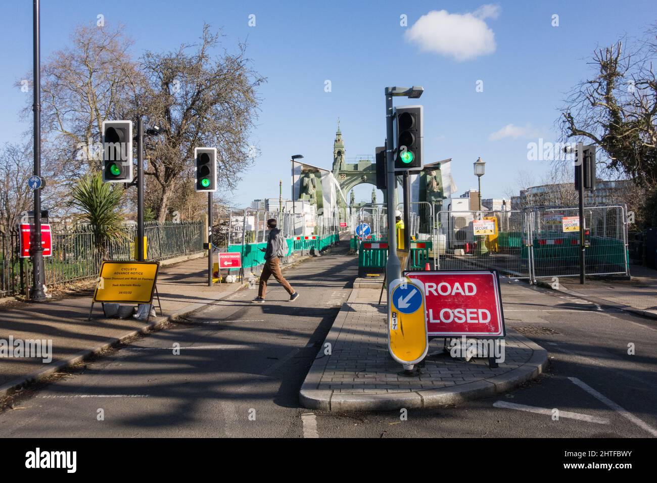 A still closed Hammersmith Bridge and road closure signage in southwest