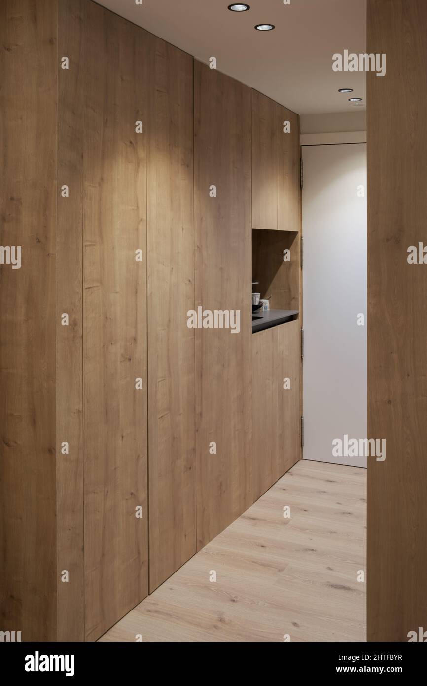 Wooden interior design of a room with a closet and lights on Stock ...