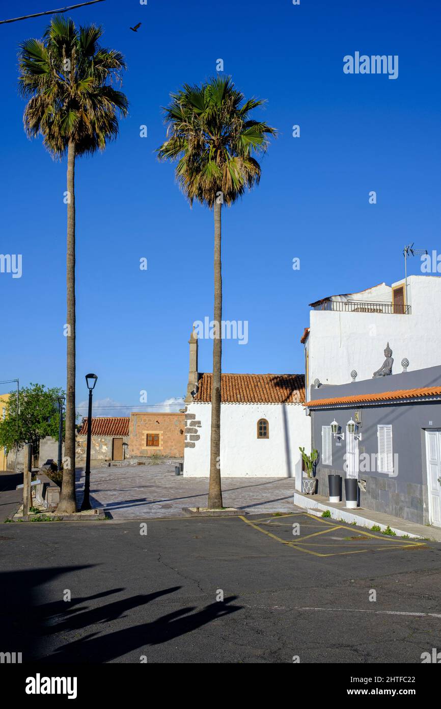Church of La Quinta and small plaza in the tiny mountain village, with tall Canarian palm trees and a Buddha statue on a roof of a house, Adeje, Tener Stock Photo