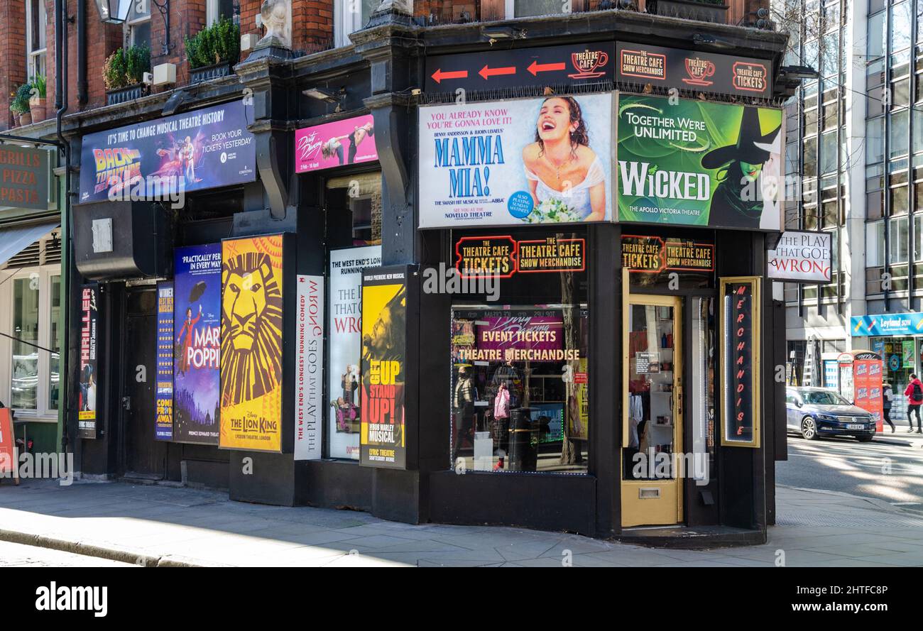 The Theatre Cafe, a shop on the corner on Monmouth Street in London, UK selling tickets for events and West End theatre productions Stock Photo