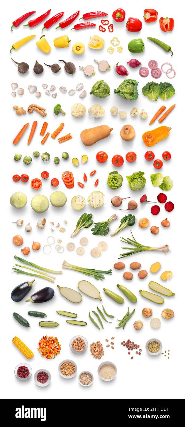 Various vegetables isolated on white background, top view, flat lay Stock Photo