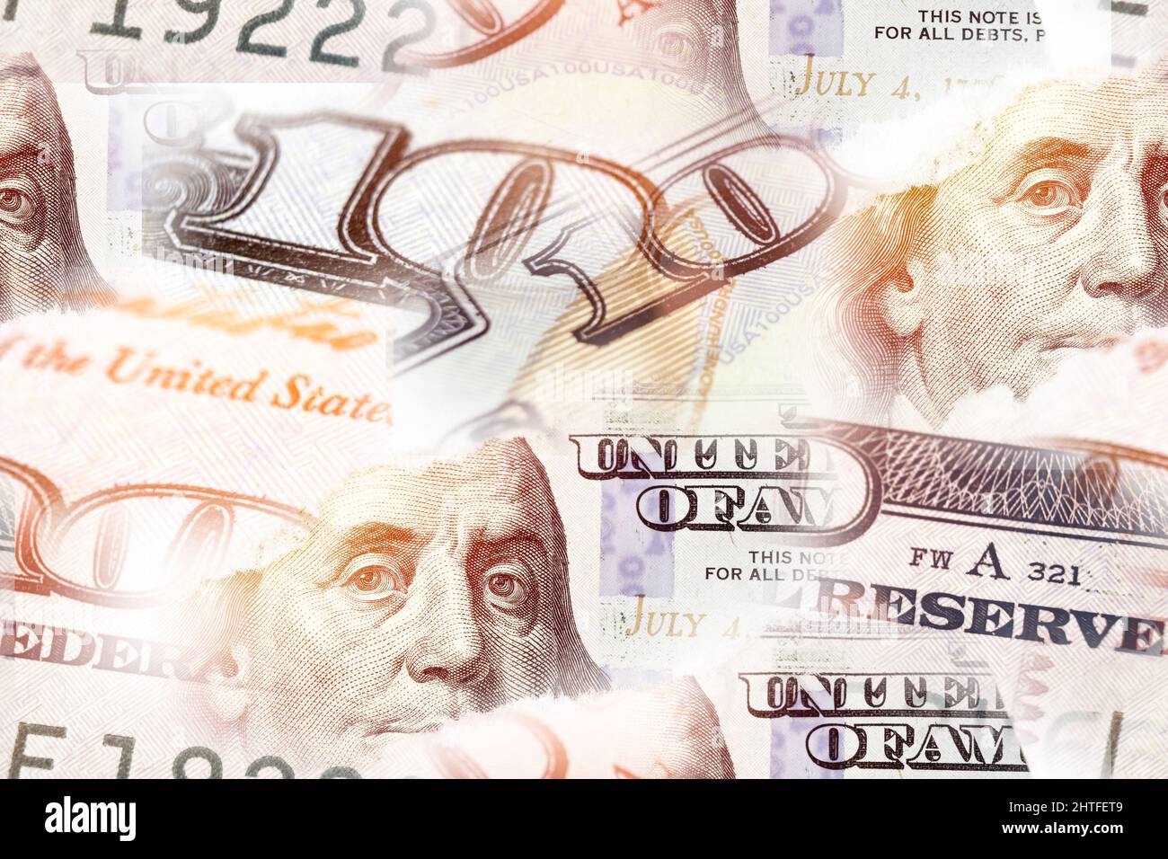 Seamless pattern United states hundred dollars money bill collage. Hundred dollars bill fragment on macro. 100. Stock Photo