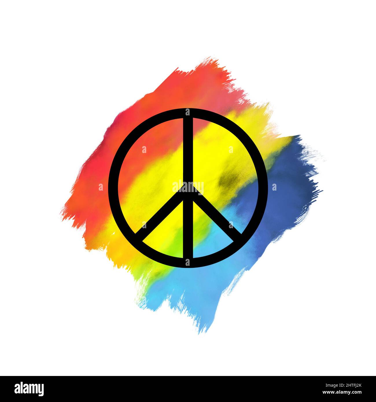 Peace background. Black symbol of peace on rainbow colors brushstrokes isolated on white background. Stock Photo