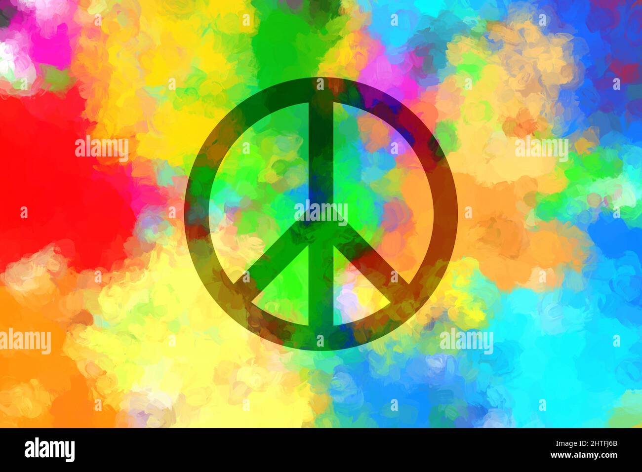 Peace background. Black symbol of peace on colorful watercolor painted background. Stock Photo