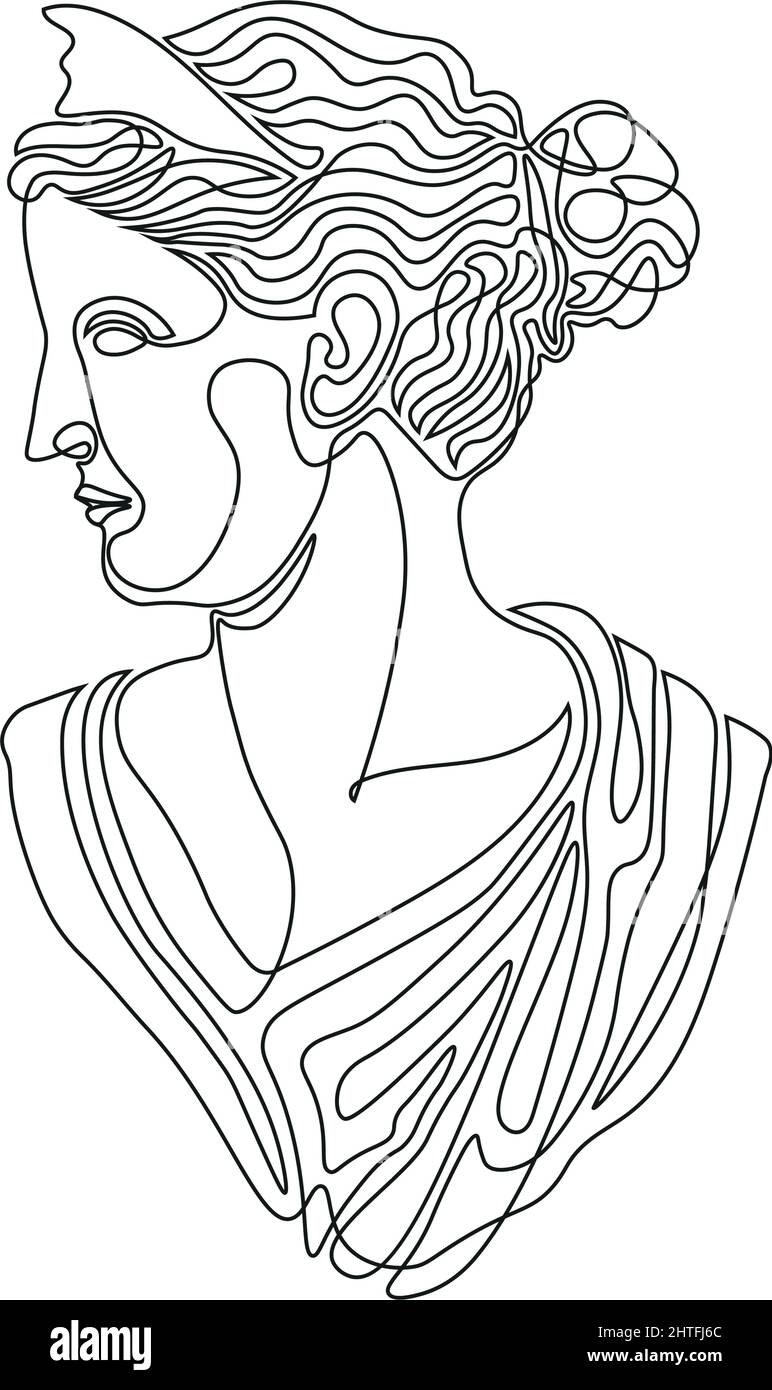 greek roman woman goddess head single line style on white Stock Vector