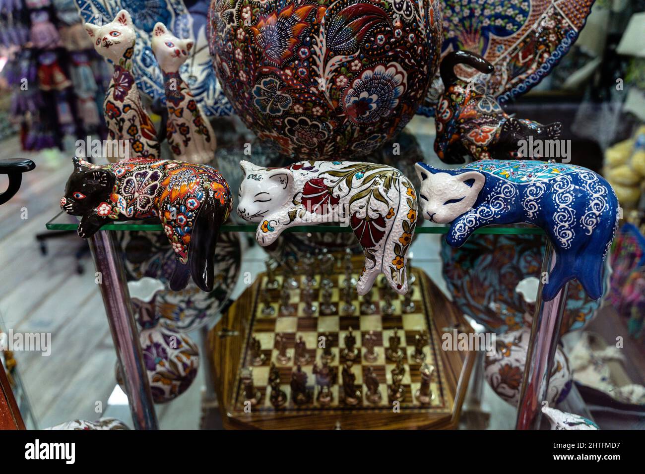 Number of Turkish ceramic cats for sale at a tourist gift shop in Kotor