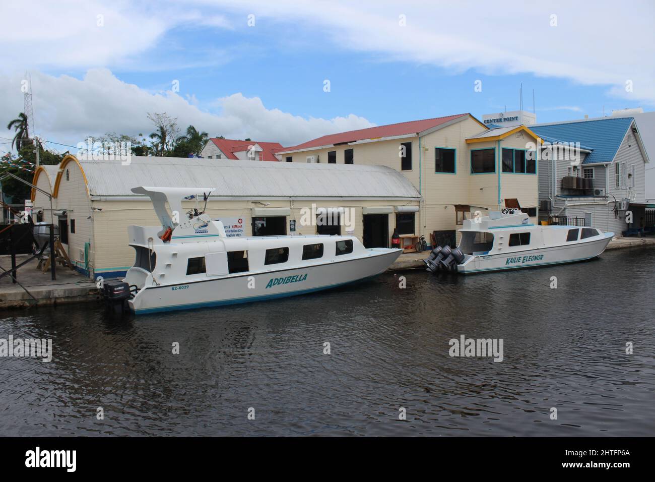 BELIZE CITY, BELIZE - SEPTEMBER 24, 2016 San Pedro Belize Express Water Taxi ferry terminal on Haulover Creek Stock Photo