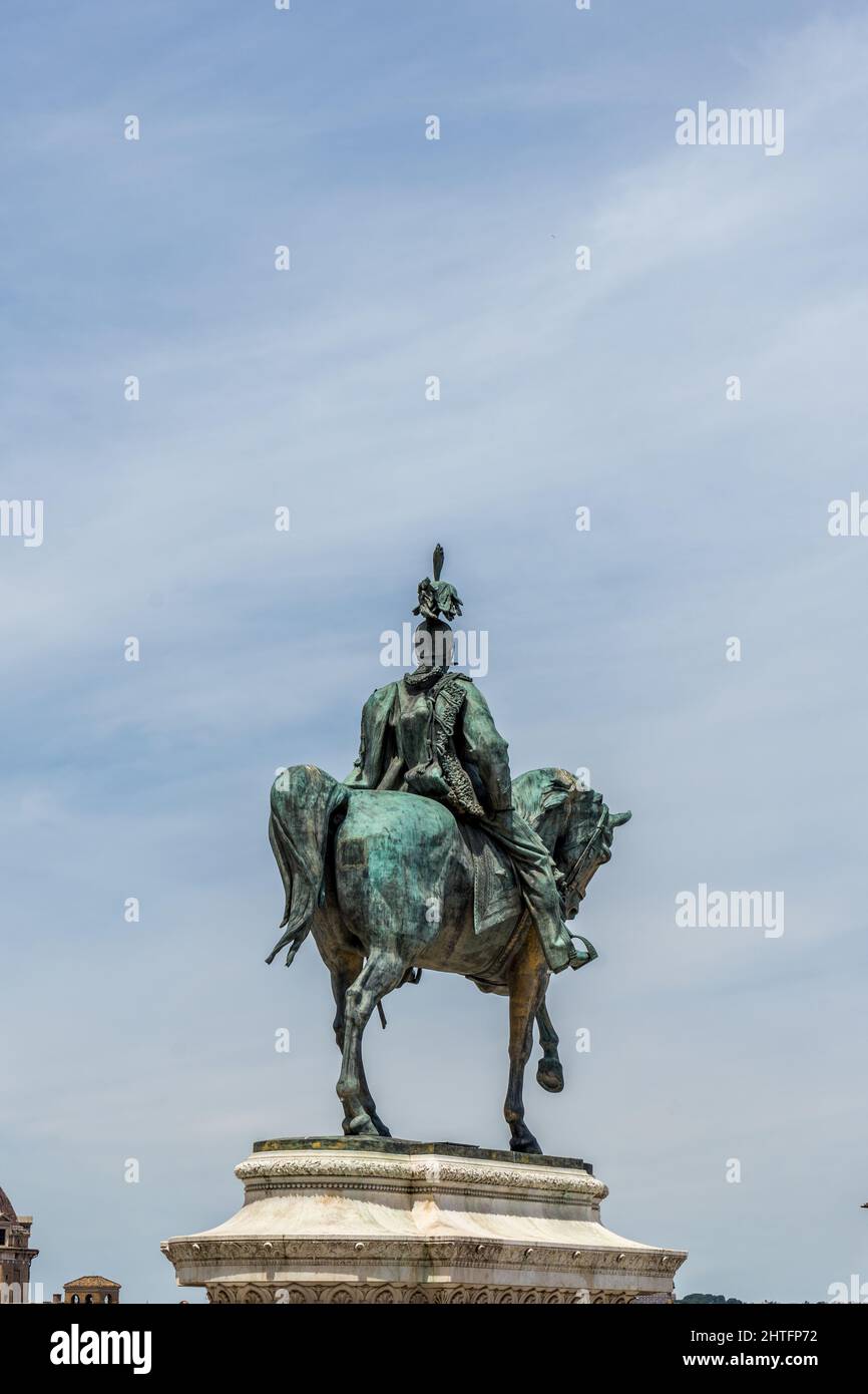 Low angle shot of the statue of a man on a horse in Rome, Italy Stock