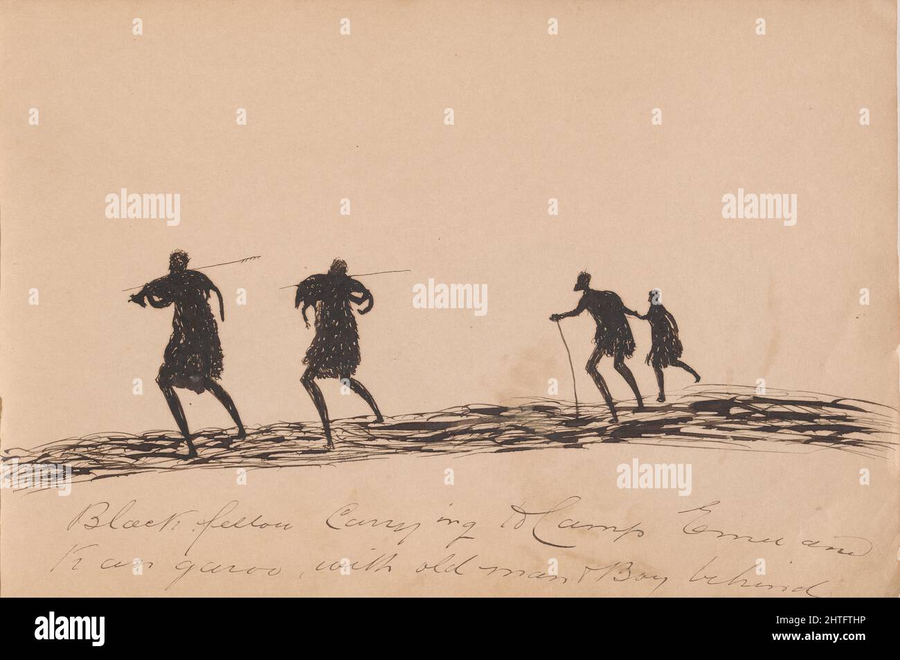 Tommy McRAE - Kwatkwat people - Black fellow carrying to camp emu and kangaroo with old man and boy behind-Sketchbook of Aboriginal ... Stock Photo