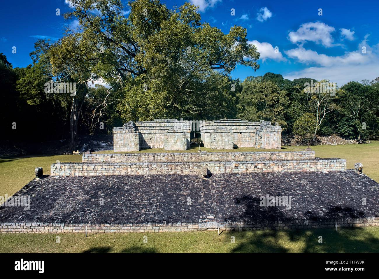 View of the Ball Court at the Copan Mayan Ruins, Copan Ruinas, Honduras Stock Photo