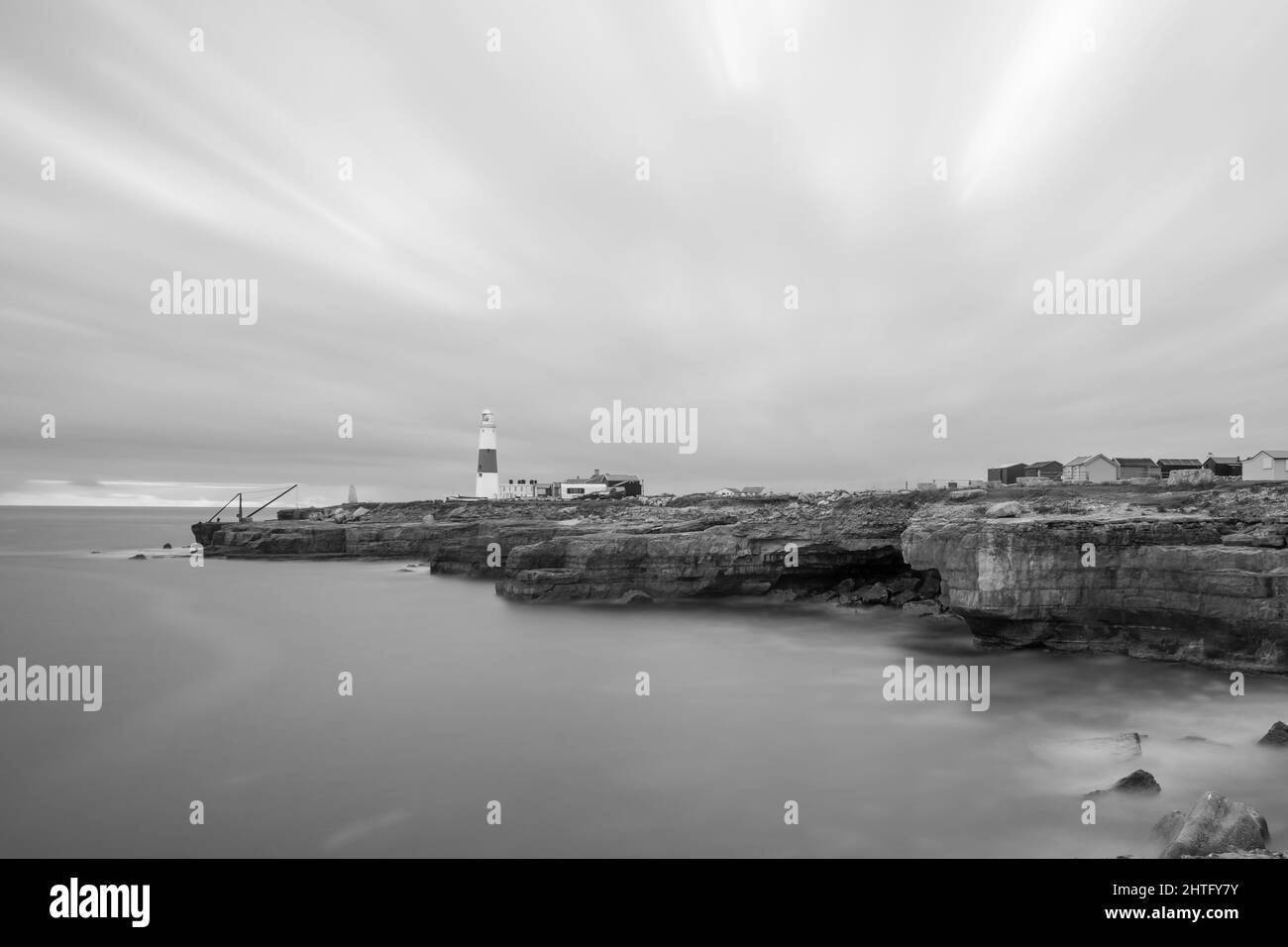 Black and white photo of Portland Bill lighthouse in Dorset at dusk ...