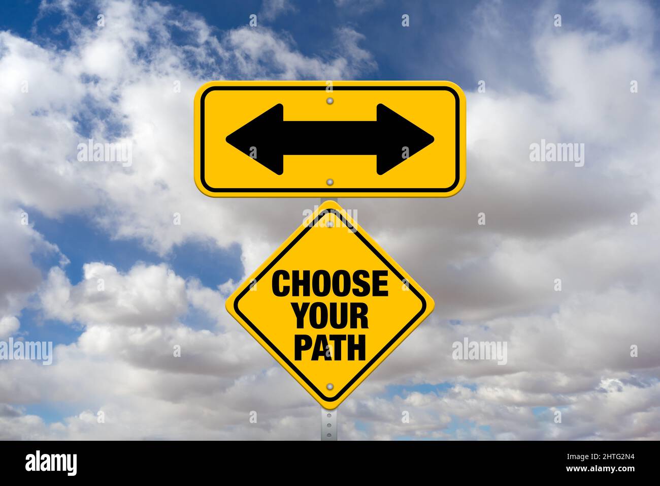 Choose Your Path sign with arrows and a cloudscape background Stock Photo