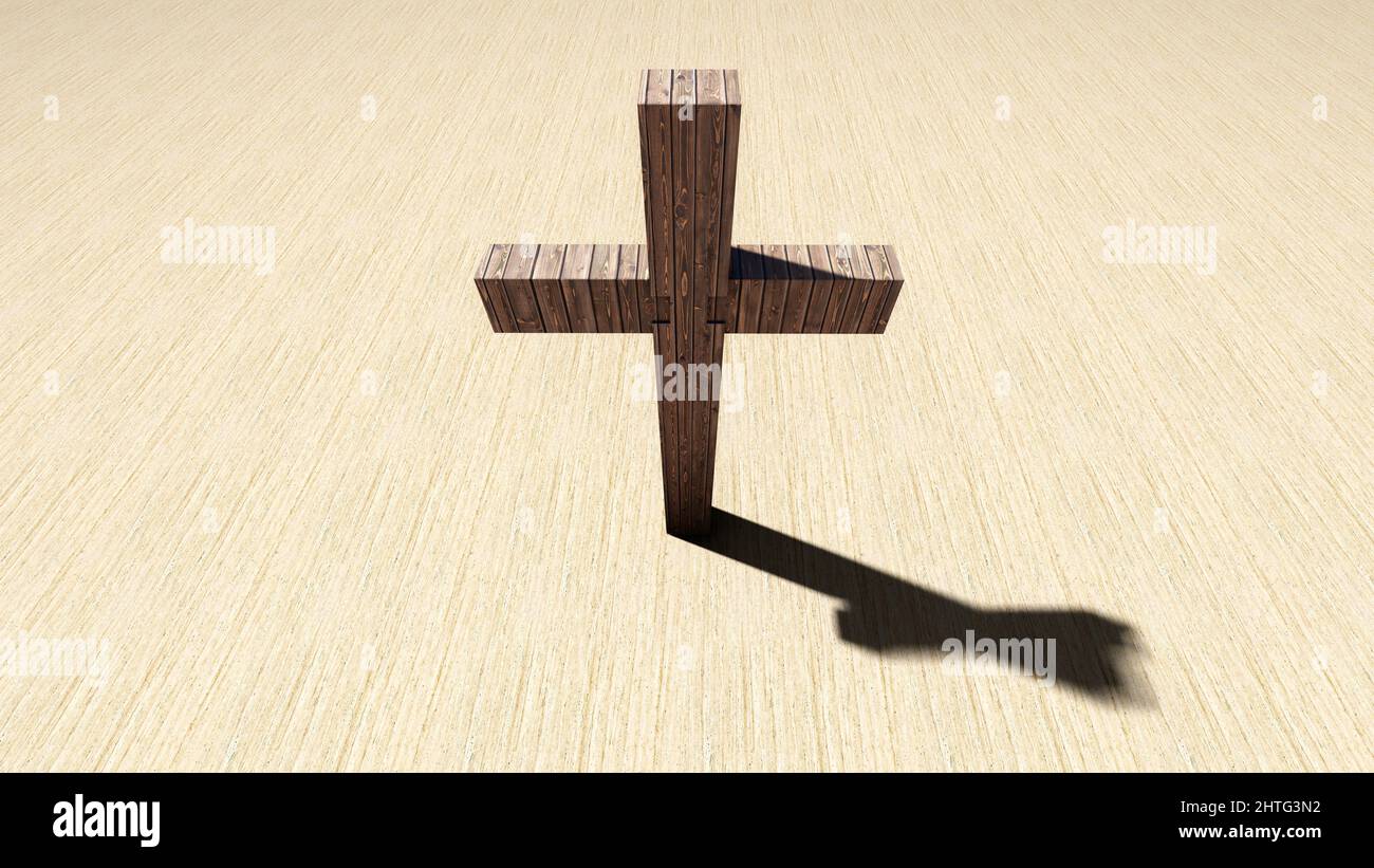 Concept or conceptual brown wooden cross on a travertin stone background. 3d illustration metaphor for God, Christ, Christianity, religious, faith Stock Photo