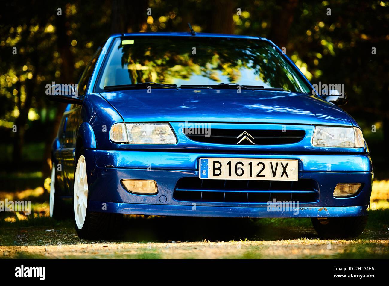 Closeup of a blue Citroen Saxo Vts with trees on the background Stock Photo