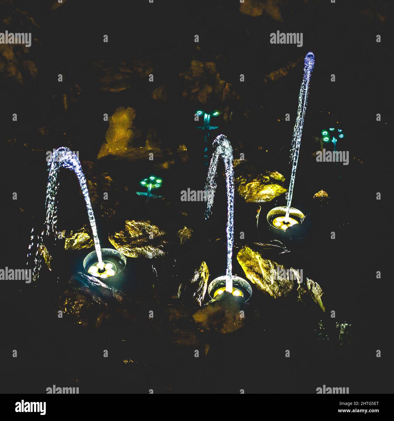 Fountains illuminated with colorful lights at night Stock Photo - Alamy