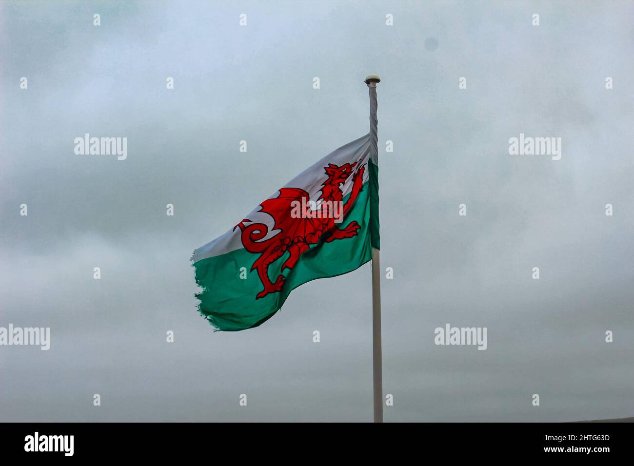 Dark image of the Welsh flag on a pole on a cloudy day in New Quay, Wales Stock Photo