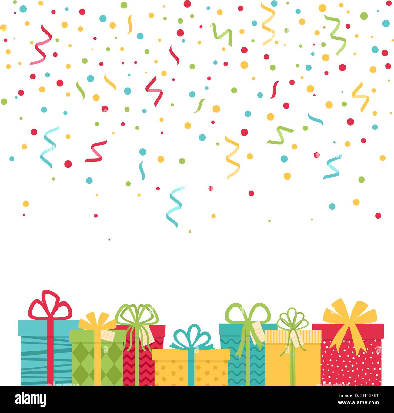 Holiday background with confetti and gift boxes, vector illustration Stock Vector