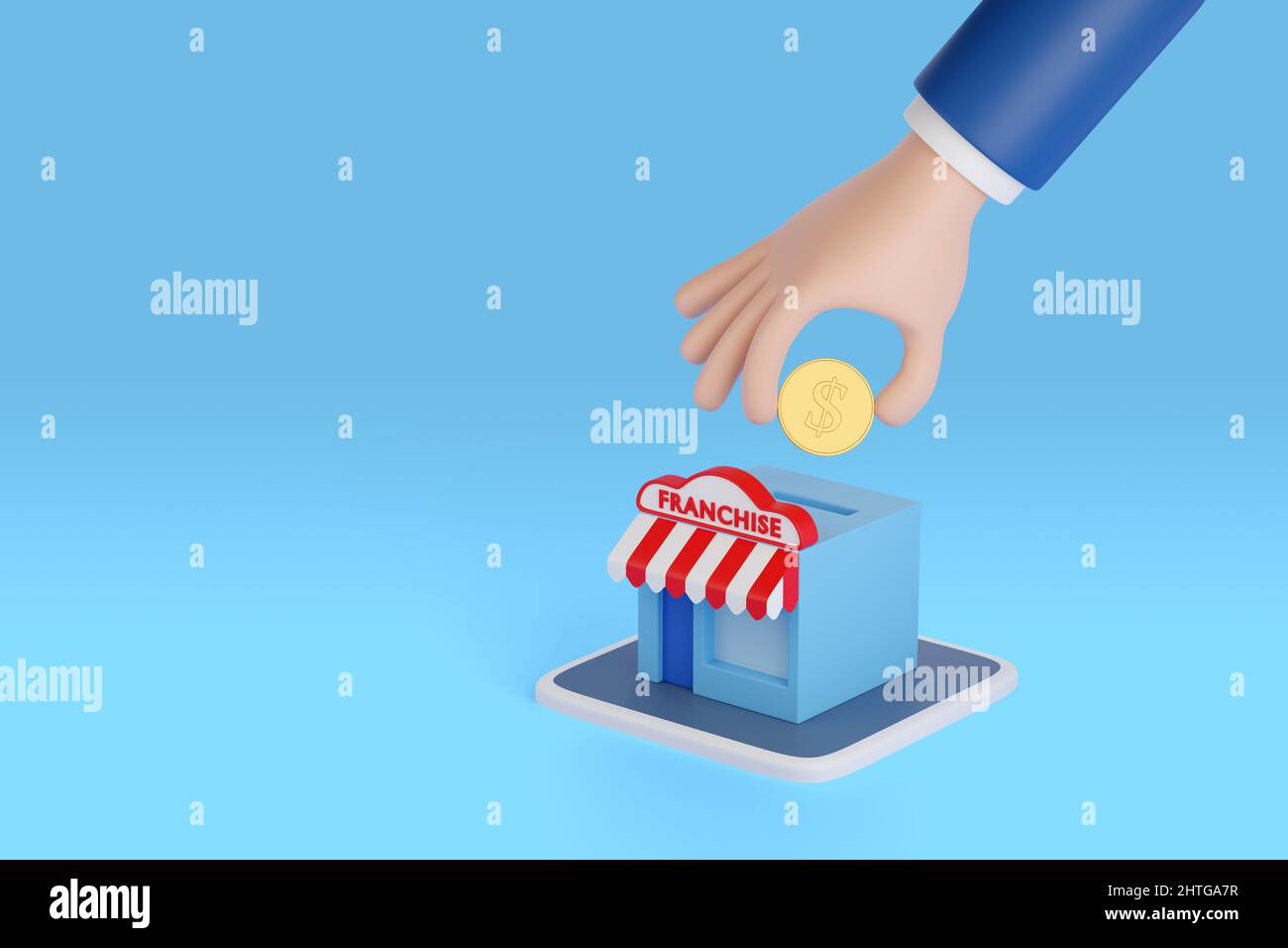 Token Store Cartoon Cartoon hand putting a coin into franchise store . 3d illustration ...