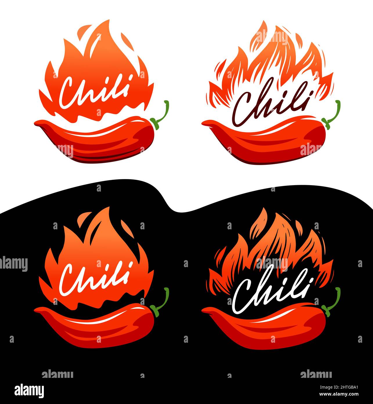 Chili logo with fire logo. Hot spicy pepper symbol. Vector illustration Stock Vector