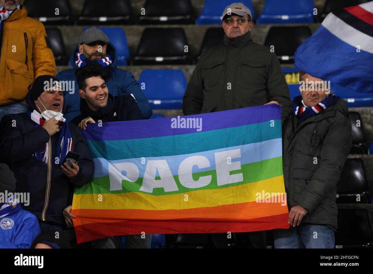 Bergamo, Italy, 28th February 2022. Sampdoria fans hold a Peace flag during the Serie A match at Gewiss Stadium, Bergamo. Picture credit should read: Jonathan Moscrop / Sportimage Credit: Sportimage/Alamy Live News Credit: Sportimage/Alamy Live News Stock Photo