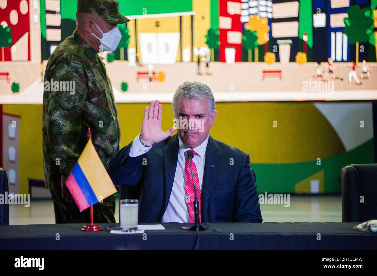 Colombia's president Ivan Duque Marquez gives a speech during the inauguration ceremony of the Week of Citizen Security 'Semana de Seguridad Ciudadana' 2022, in Bogota, Colombia where 26 countries take part from February 28 to March 3. On February 28, 2022. Stock Photo