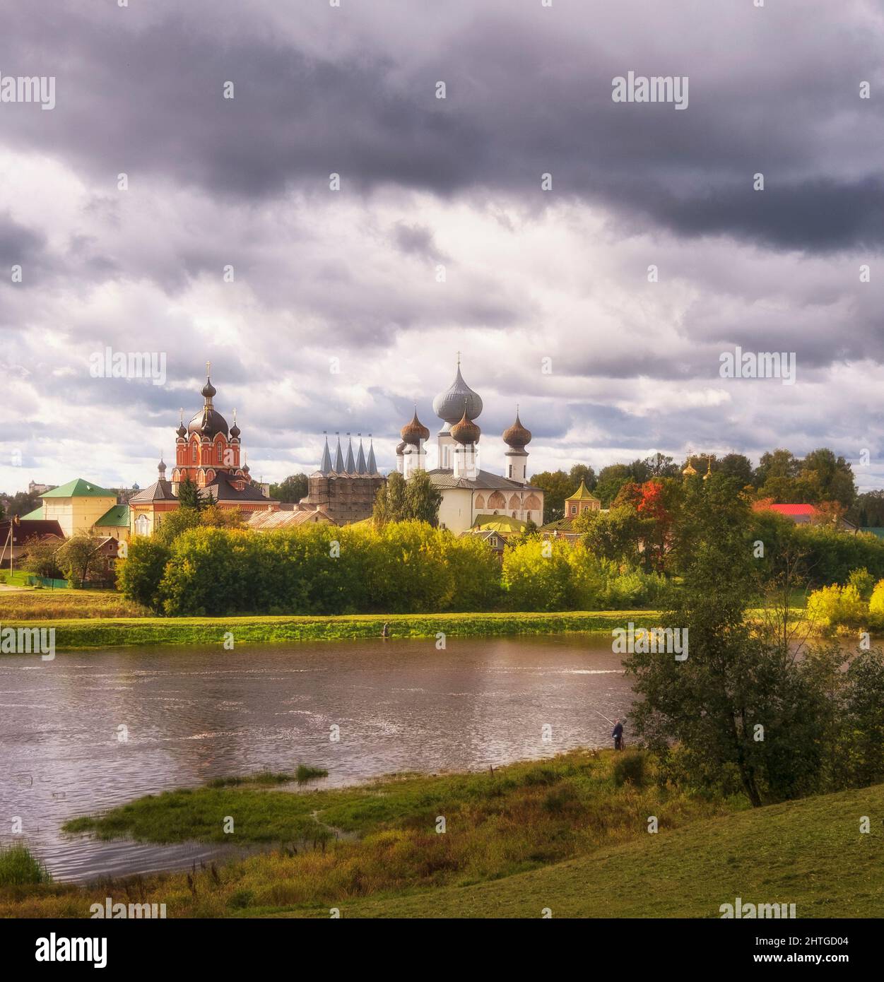 Panorama of river and ancient Orthodox Tikhvin Bogorodichny Uspensky Male Monastery Stock Photo