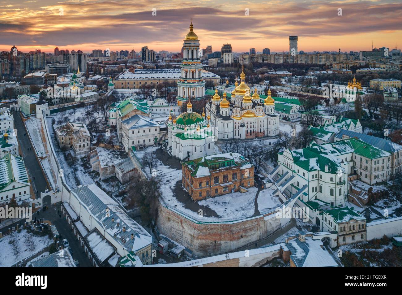 Ukraine, Kyiv Kiev Pechersk Lavra Monastery Ukrainian orthodox church winter aerial view Stock Photo