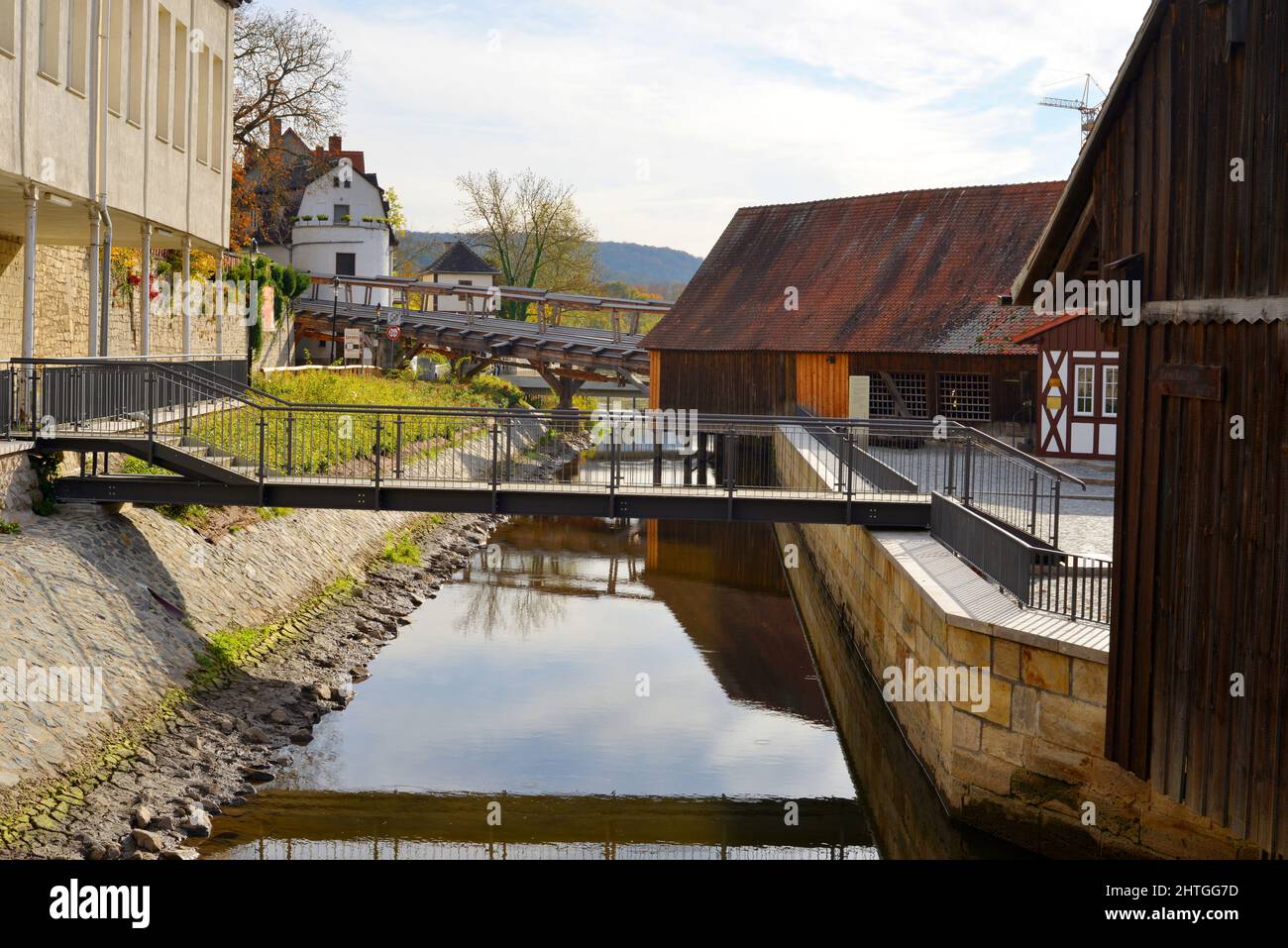 Bad Kosen, Germany mills and wooden structures of the nearby Graduation Tower spa complex Stock Photo