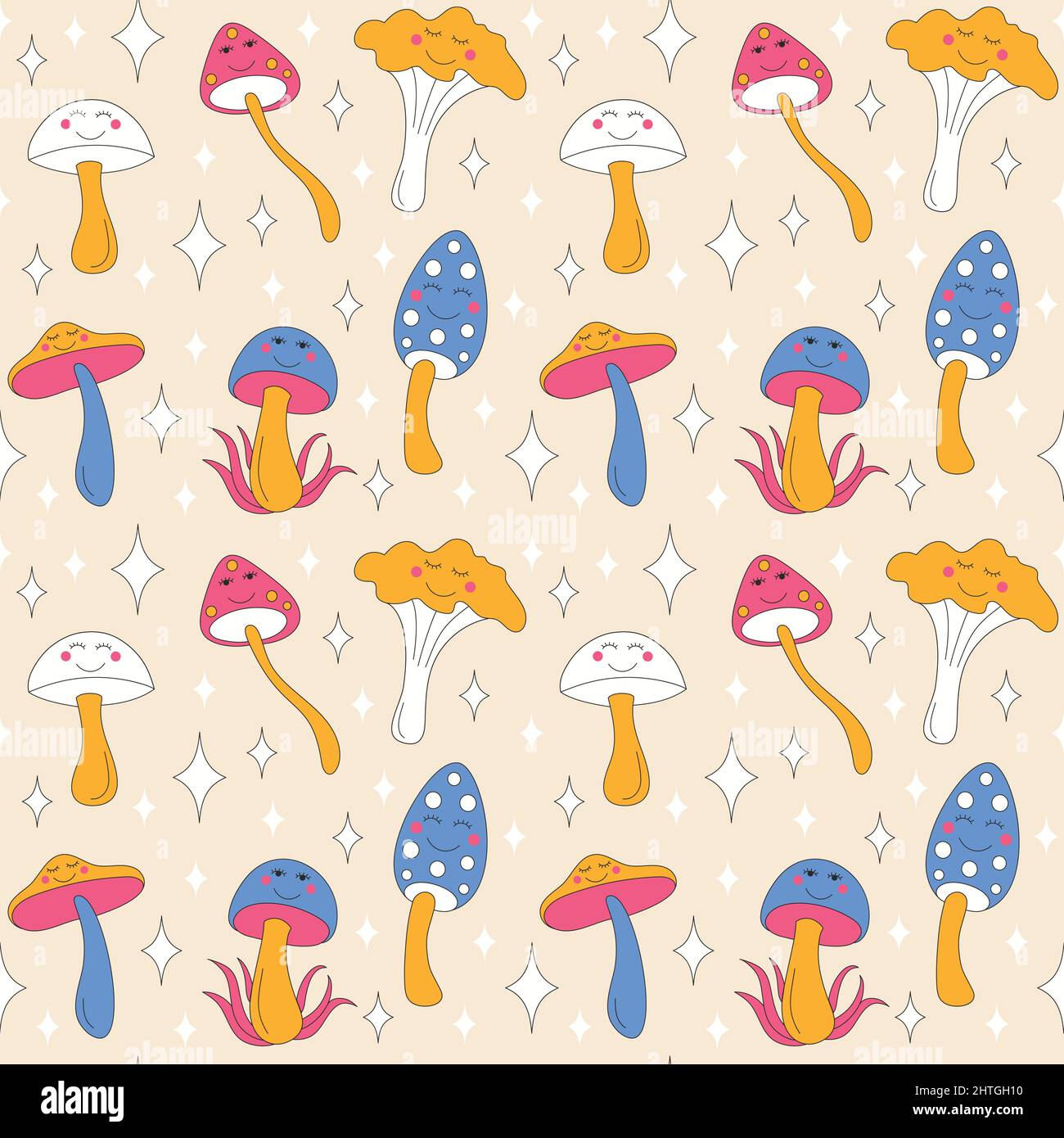 Retro mushromms and sparkles on light background. Stock Vector