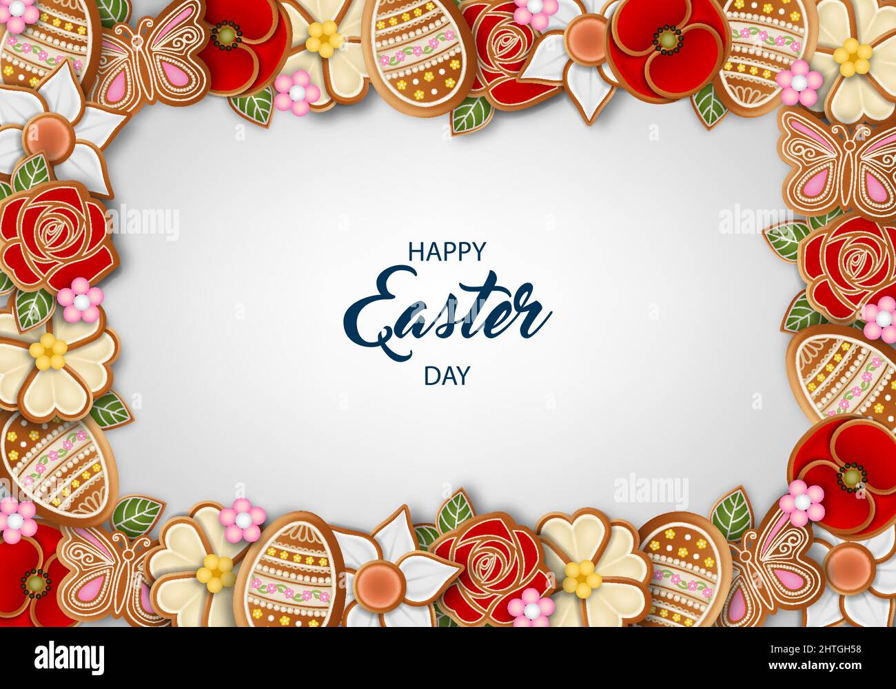 easter background with gingerbread cookies. easter frame with gingerbreads Stock Vector